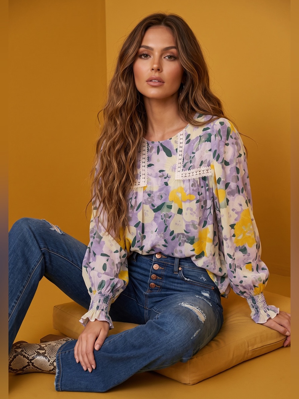 entro Floral Blouse in Lavender, Yellow & Green